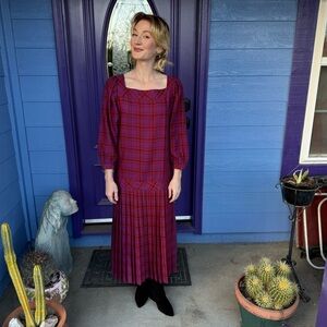 90s Vintage Drop Waist Plaid Long Sleeve Midi Dress Red + Purple by Eileen West